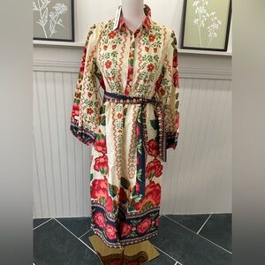 NWT Celina Moon Floral Boho Cotton Shirt Dress Pockets Belted Size L